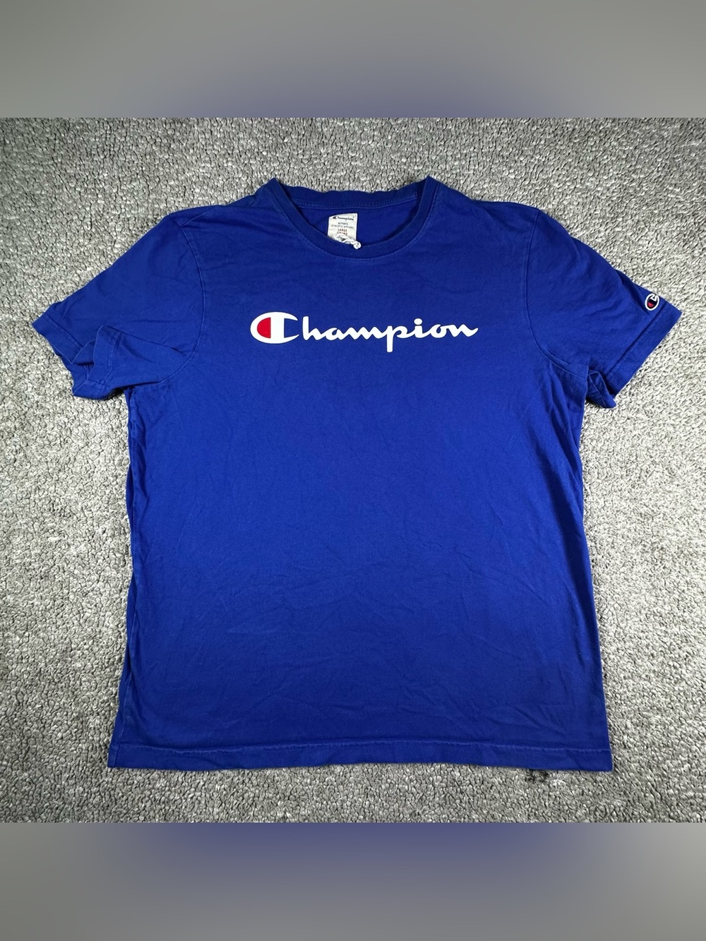 Champion Shirt Mens L Blue Short Sleeve Crew Tee Spellout Logo Sleeve